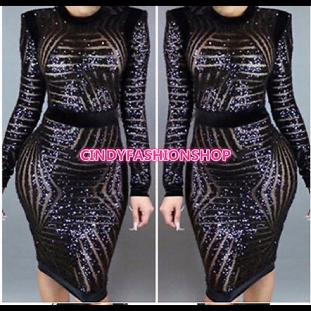 SEXY Sequin black long sleeve sheer dress velvet black small